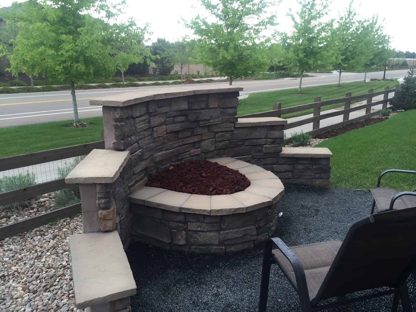 Seat wall and patio with stone veneer