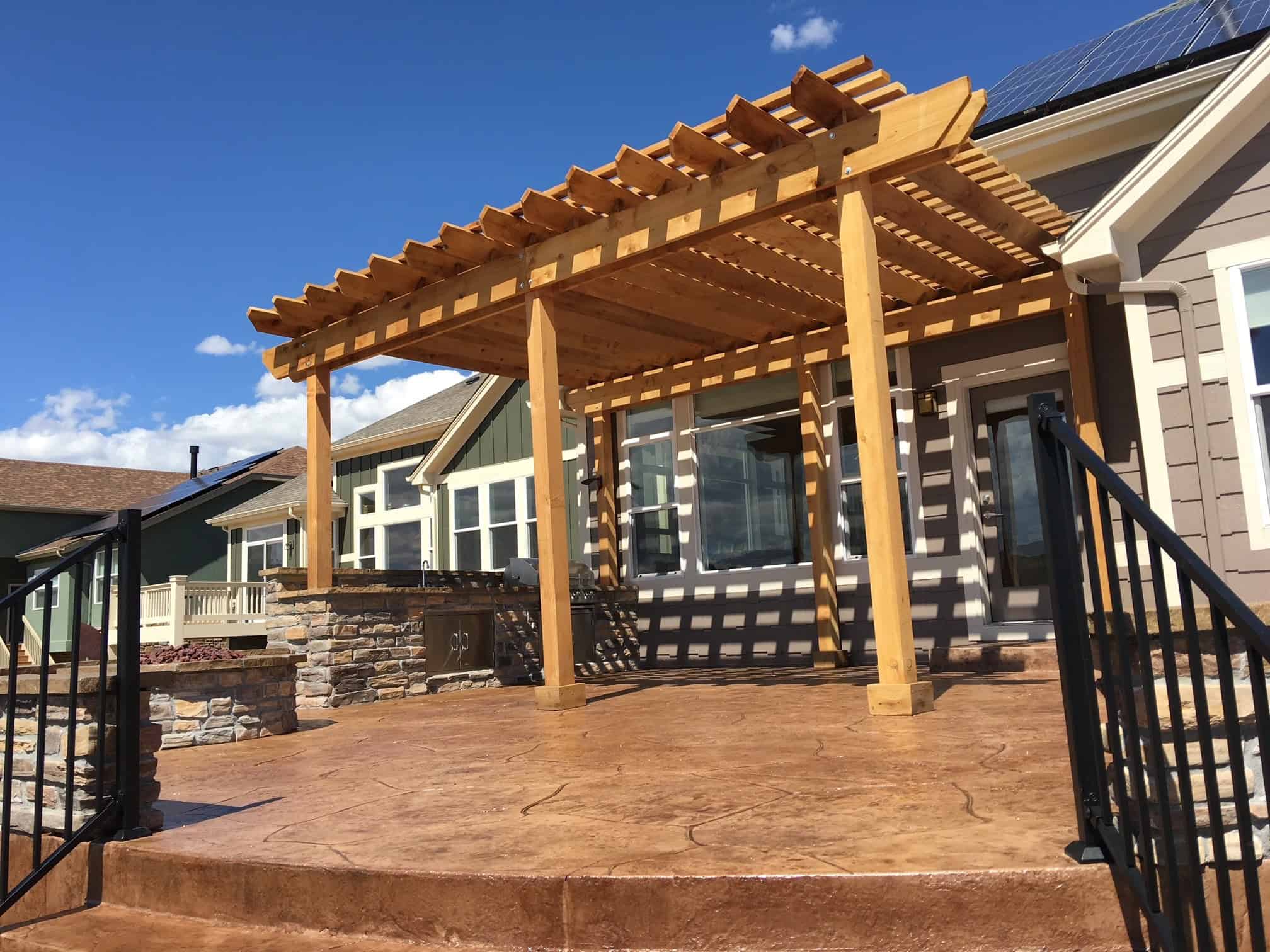 Fall landscaping Colorado project in Erie with pergola and fresh plants