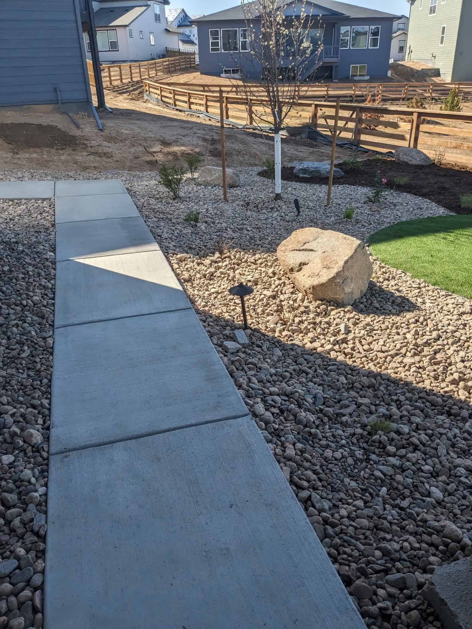 ColoradoScaping backyard with artificial turf, patio space, and drought-tolerant landscape materials